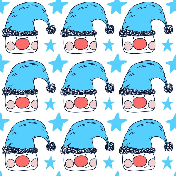 Mavi şapkalı sevimli İskandinav cüceleri ve beyaz arka planda pürüzsüz desenli yıldızlar. Paket kağıdı ve duvar kağıdı yazdırmak için vektör illüstrasyon şablonu.