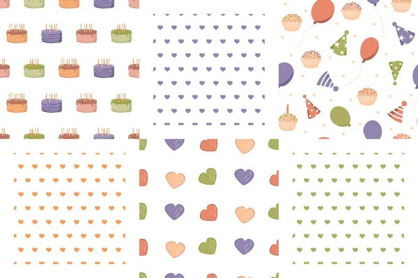 Festive Seamless Vector Patterns Set Birthday Cakes Balloons Hats Hearts — Stock Vector