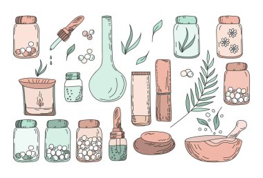 Set of vector illustrations of alternative medicine concept. Pistil and leaves, granules, oil bottles, aromatherapy treatment symbols.