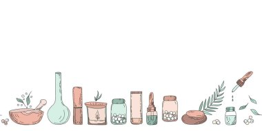 Alternative medicine and homeopathy concept. Vector banner on the use of medicinal herbs and oils. clipart