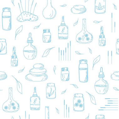 Seamless vector pattern for alternative medicine, homeopathy and beauty. Oil bottles, granules, plant leaves, stones, acupuncture needles, extracts. Delicate line for wallpaper and background.
