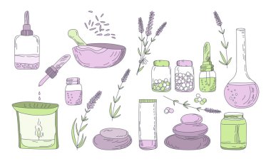 Set of vector illustrations of homeopathy and aromatherapy treatment symbols from lavender plants. Alternative medicine and spa concept.