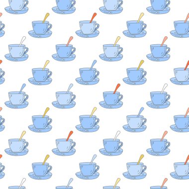 Seamless vector pattern with blue cups on a white background. Template for printing wrapping paper and kitchen fabric, textile.