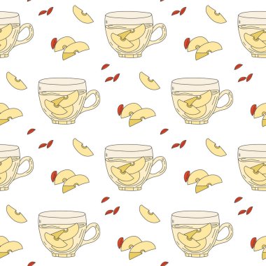 Cups of apple tea and apple slices seamless pattern. Vector template for print and design.