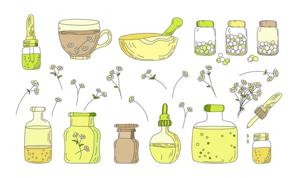 Concept Chamomile Pharmacy Alternative Medicine Homeopathy Set Vector Illustrations Pestle — Vettoriale Stock