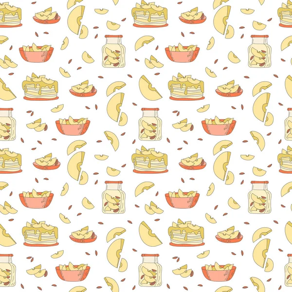 Pies Jam Tea Cups Slices Apples Seamless Vector Pattern White — Vettoriale Stock