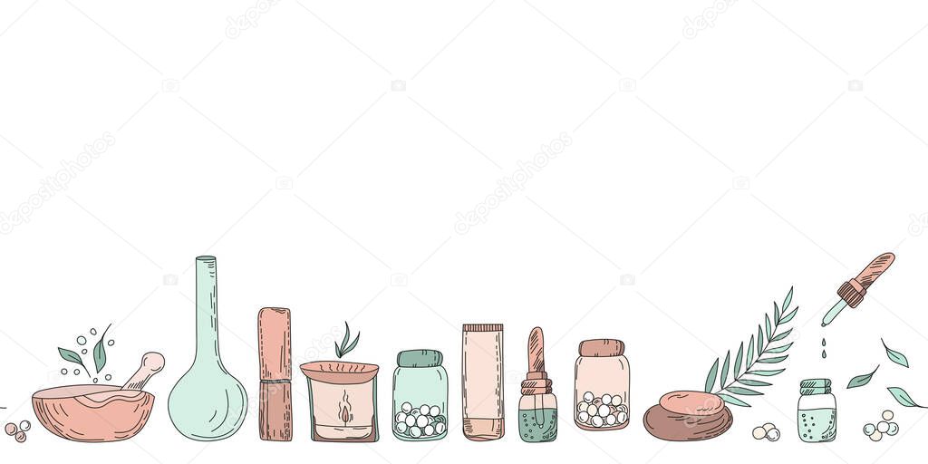 Alternative medicine and homeopathy concept. Vector banner on the use of medicinal herbs and oils.