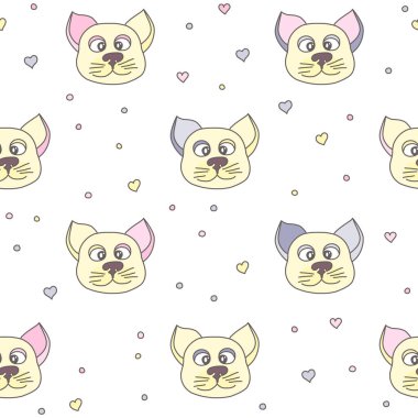 Şirin kedi, benekli benekler ve pürüzsüz kalpler. Çocuk duvar kağıdı, tekstil, kağıt, kartpostal, çocuk odası tasarımları için vektör illüstrasyonu.