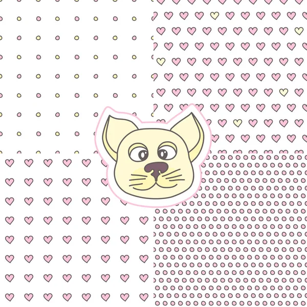Collection Vector Seamless Patterns Polka Dots Hearts Cute Feline Design — Stock Vector