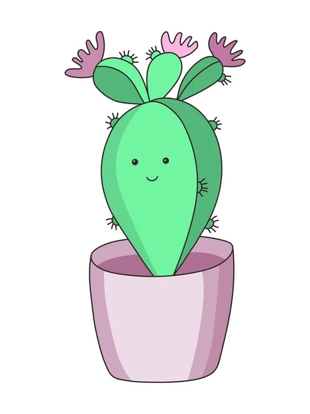 Kawaii Cactus Character Purple Flower Pot Vector Illustration — Stock Vector