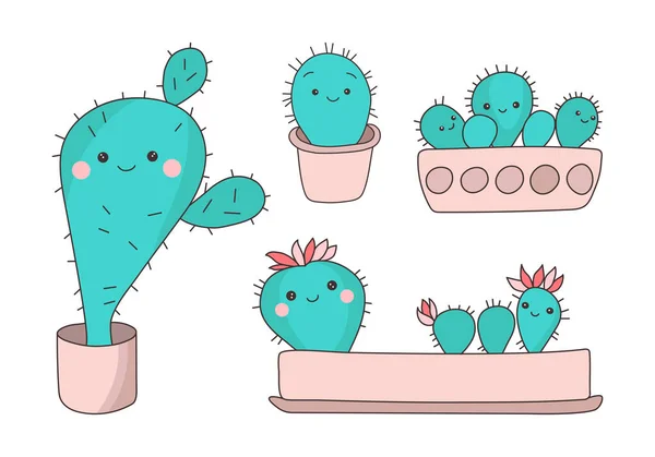 Cactus Carino Nella Collezione Vasi Fiori Illustrazione Vettoriale Degli Elementi — Vettoriale Stock