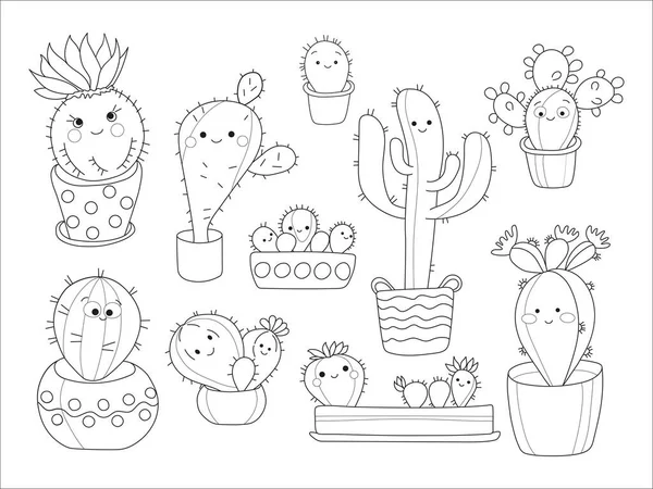 Illustrazione Vettoriale Pagina Colorare Bambini Con Cactus Carino Set Contorno — Vettoriale Stock