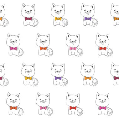 Beyaz arka plandaki sevimli kedi karakterleri kusursuz. Arka plan için vektör çizimi, bebek odası duvar kağıdı, ambalaj kağıdı ve kumaş.