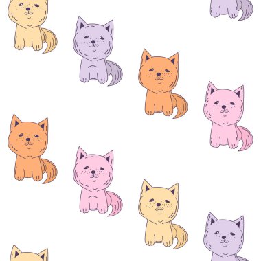 Renkli kedi karakterli şirin çocuk baskısı. Beyaz arka planda kusursuz vektör deseni. Paket kağıdı ve bebek bezi baskı şablonu.