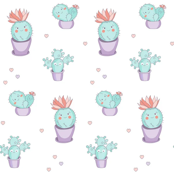 Roztomilé Kaktusy Květináčích Dětské Bezešvé Ilustrace Rostlinami Srdcem Bílém Pozadí — Stockový vektor