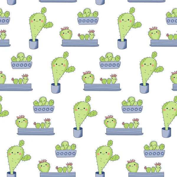 Bezproblémový Vektorový Vzor Roztomilými Kaktusy Květináčích Vektorová Ilustrační Šablona Rostlinnými — Stockový vektor