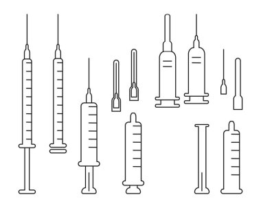 Tıbbi şırıngalar vektör çizimlerini izole eder. Şırınga, şırınga, şırınga ve itici..