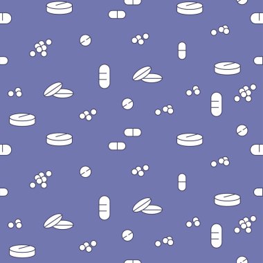 Tıbbî ve eczacılık geçmişinde kusursuz bir akım var. Tabletlerin, hapların, kapsüllerin, granüllerin vektör çizimi. 2022 Yılı Rengi.