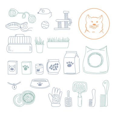 Doodle tarzı evcil hayvan dükkânı eşyaları seti. Kedi, sağlık ve tımar ürünleri, yiyecek, oyuncak, ev ve tuvaletin vektör ilüstrasyon koleksiyonu.