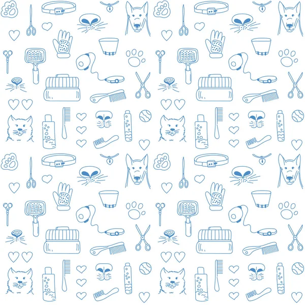 Seamless Pattern Accessories Grooming Cat Dog Vector Monochrome Print Pet — Stock Vector