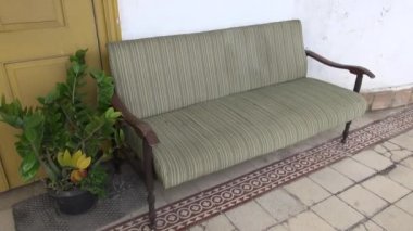 Yanında saksı bitkisi olan eski sandalye.