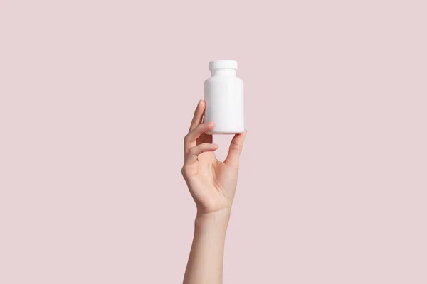 Young Female Hand Holding Blank White Squeeze Bottle Plastic Tube — 스톡 사진