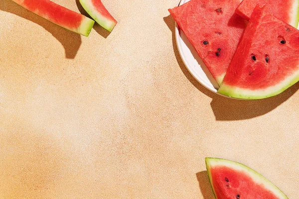 Fresh Watermelon Slices Yellow Bright Background Top View Copy Space — Fotografia de Stock
