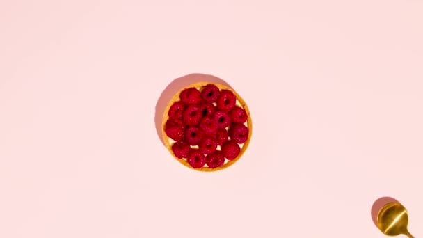 Raspberry Tart Piece Honey Cake Pink Background Stop Motion Animation — Stock Video