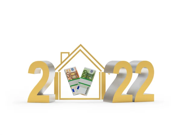 Gouden Nummer 2022 Met Huis Eurobankbiljetten Illustratie — Stockfoto