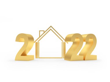 Beyaz üzerine ev simgesi izole edilmiş altın sayı 2022. 3B illüstrasyon