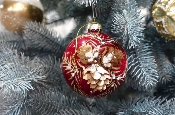 Choinka Gałęzie Pięknym Czerwonym Christmas Ball Zbliżenie — Zdjęcie stockowe