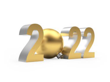 Altın numaralar 2022, Noel topu beyaza izole edilmiş. 3B illüstrasyon