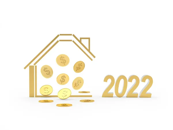 金房子图标与美元硬币和编号2022 3D说明 — 图库照片