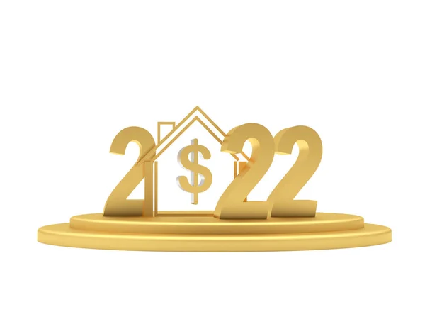 2022号黄金和一个标有美元标志的房子3D插图 — 图库照片