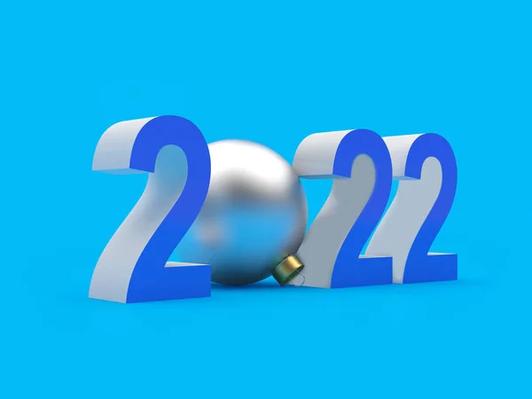 蓝色号码2022 蓝色背景上有一个银色圣诞球 3D插图 — 图库照片
