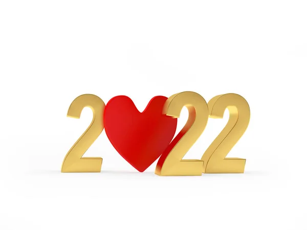 Golden Number 2022 Red Heart White Background Illustration — Stock Photo, Image