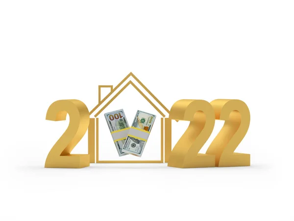 Numero Oro 2022 Icona Della Casa Con Banconote Dollari Illustrazione — Foto Stock