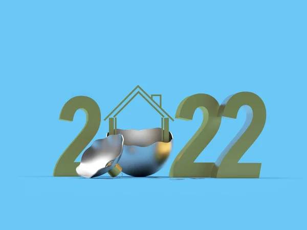 Nummer 2022 Met Huispictogram Een Gebroken Kerstbal Blauw Illustratie — Stockfoto