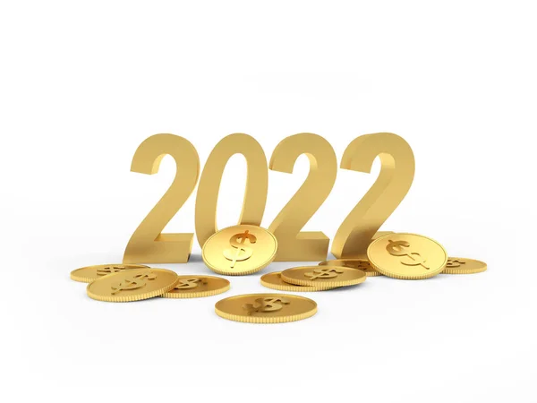 Goldzahl 2022 Mit Verstreuten Dollarmünzen Illustration Stockbild