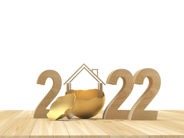 2022号木制建筑 房子在一个破碎的圣诞球的木制表面上 3D插图 — 图库照片
