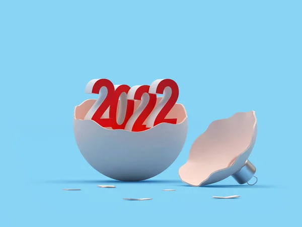 Rote Neujahrszahl 2022 Einer Zerbrochenen Weihnachtskugel Auf Blauem Grund Illustration lizenzfreie Stockfotos