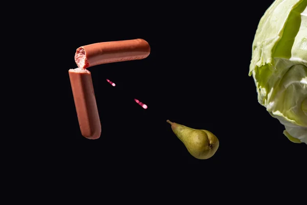 Space battle between a pear and a sausage near the cabbage. The idea of fighting between healthy and unhealthy foods. Minimal sci-fi composition. Rectangle layout.
