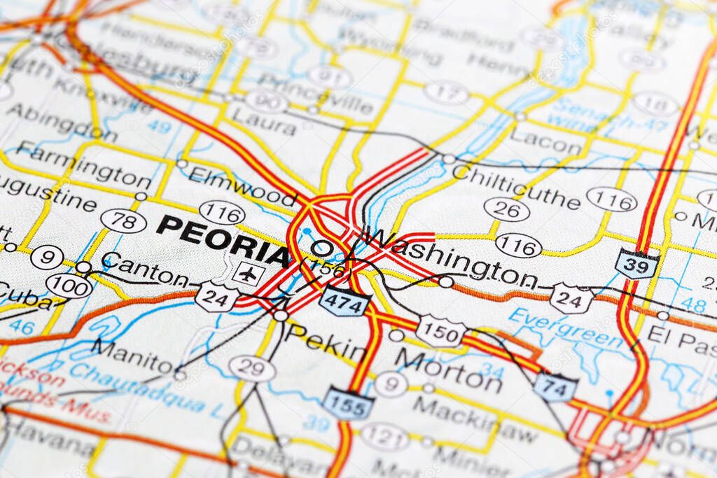 Peoria city road map area. Closeup macro view 