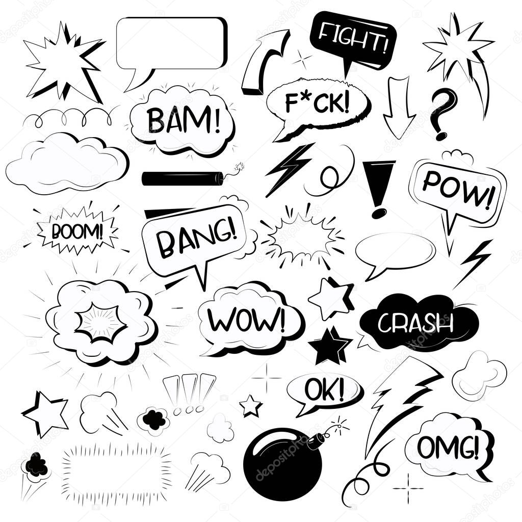 Set of hand drawn explosion, wording sound effect,bomb element. Comic doodle in Pop Art sketch style. Explosion speech bubble with bang, wow, omg text. Vector illustration.