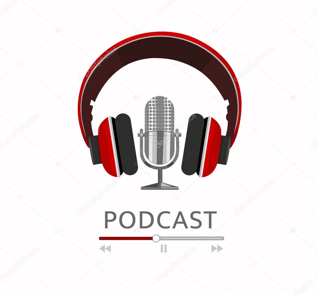 Broadcast podcast. Studio microphone on a table, headphones, soundtrack. Standup concert, music, speech