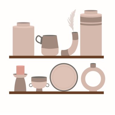 Raflarda el yapımı güzel seramik düz vektör çizimi. Temiz bulaşıklar. Dekoratif masa takımı beyaz arkaplanda izole edildi. Mutfak gereçleri ve yemek takımı. Restoran fuarı..