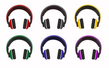 Kablosuz kulaklıklar müzik dinlemek için ikonlar, kulaklıklar, çok renkli kulaklıklar. Standup konseri, stüdyo, müzik, konuşma. Mobil uygulama için Gadget