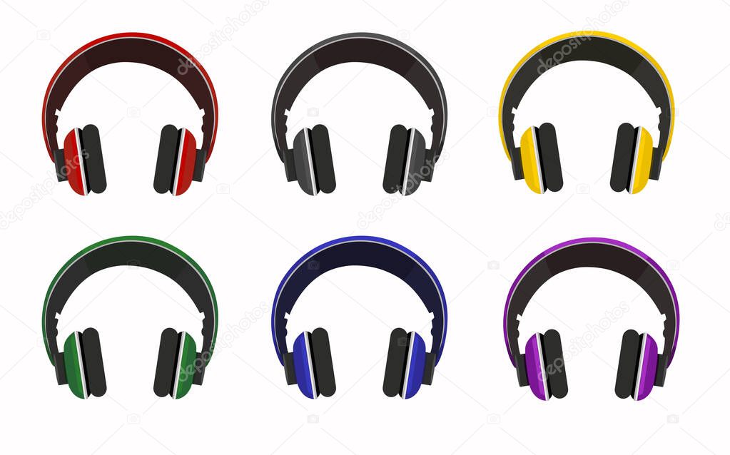 Wireless headphones devices set icons for listening to music, over-ear headphones, multi-colored headphones. Standup concert, studio, music, speech. Gadget for mobile app