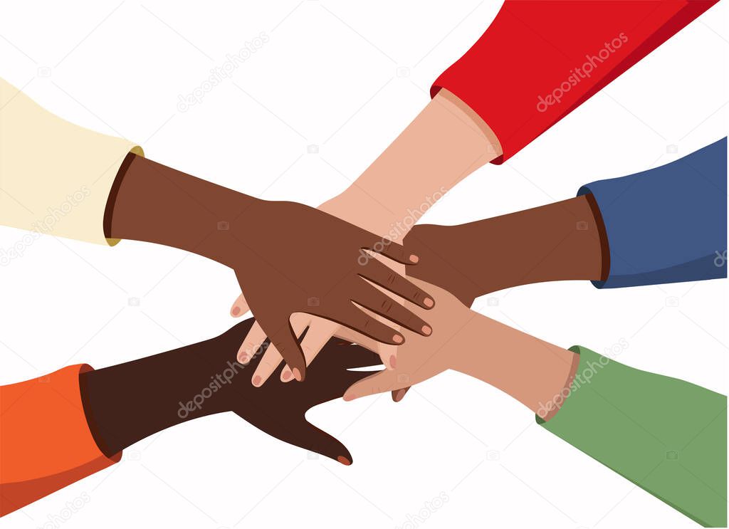 International group of people hold hand together vector isolated. Concept of teamwork and partnership, agreement, social community or movement. Unity and cooperation.