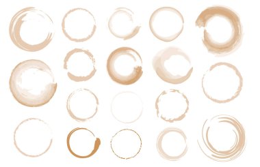 Kahve fincanı halkaları, beyaz suluboya arka planda izole edilmiş suluboya noktaları. Kağıt üzerindeki soyut el boyası lekeleri.. 